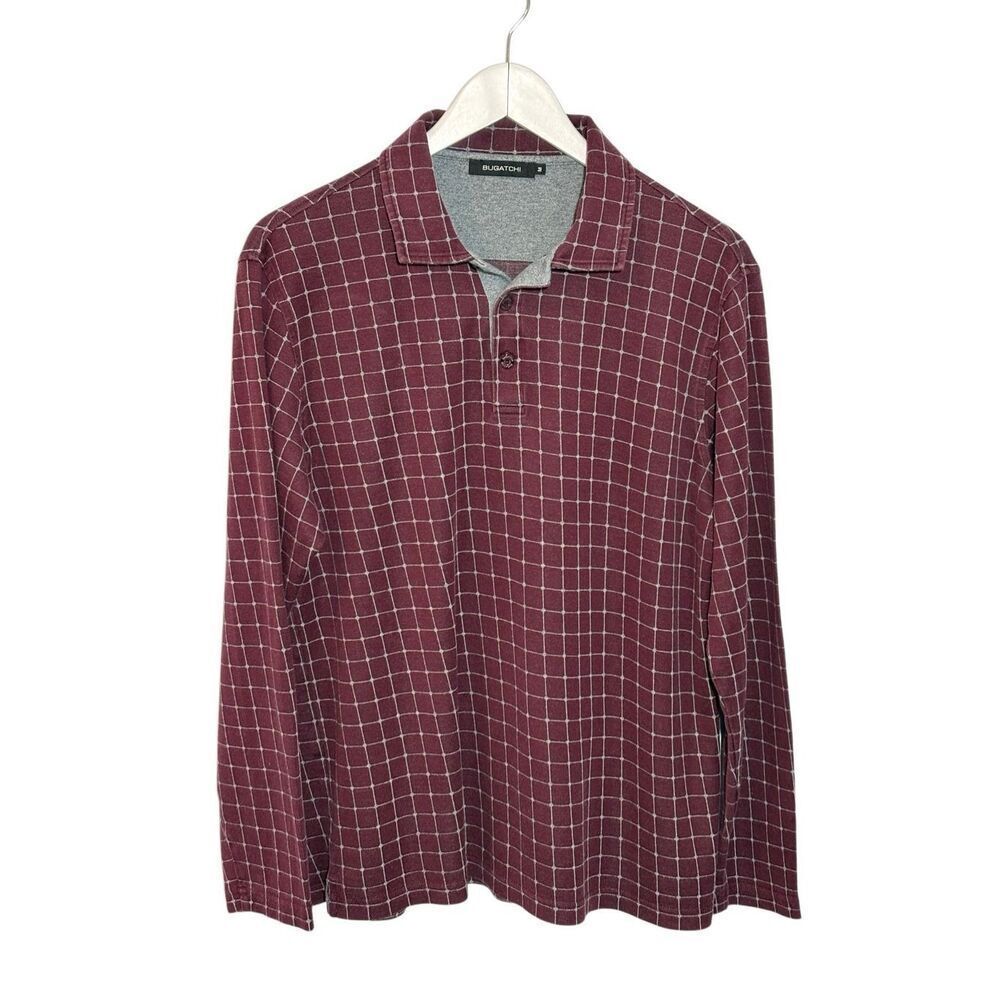Bugatchi maroon and gray windowpane long sleeve cotton polo shirt - M